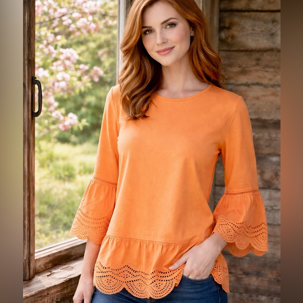 Ann Taylor Tangerine Color Blouse with Eyelet Detail